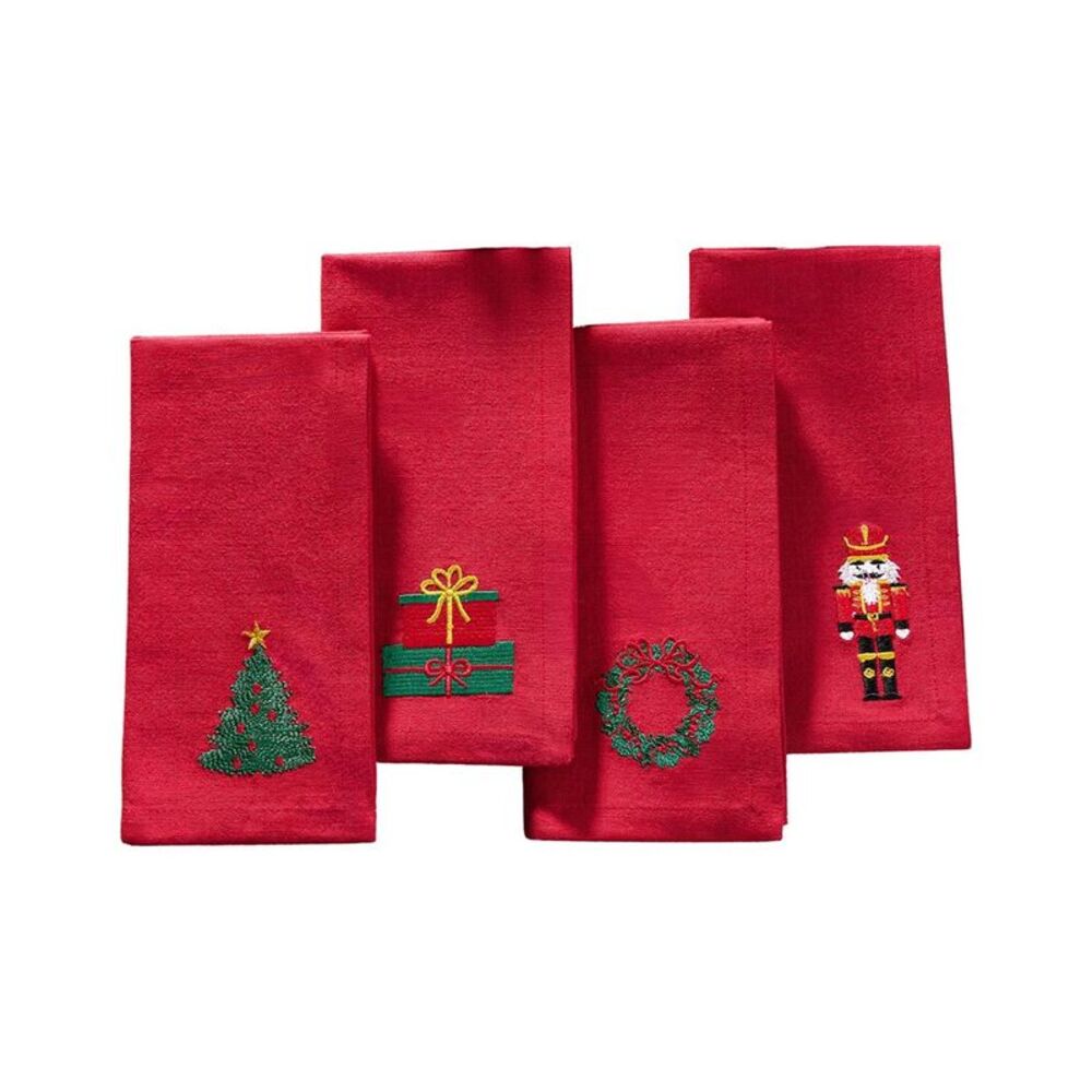 Elrene Home Fashions Set Of 4 Holiday Embroidered Napkins, Red
